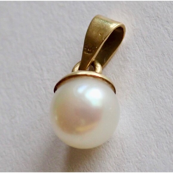 14K Signed Yellow Gold Pendant Bail 6mm Authentic Pearl High Luster .68 grams - Picture 2 of 10